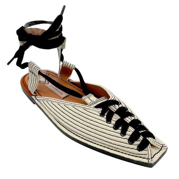 ZIMMERMANN Ivory / Black Lace-up Quilted Canvas Slippers